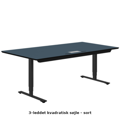Delta hæve sænke bord i blå linoleum med 3-leddet kvadratiske søjler og kabelbakke i sort