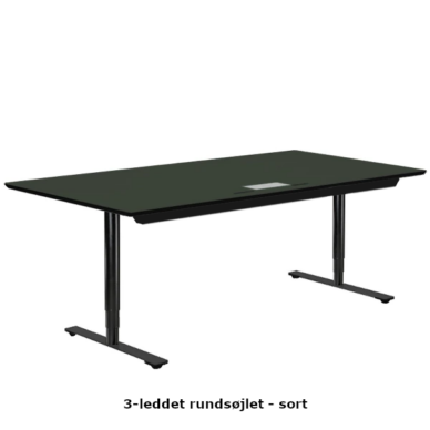 Delta hæve sænke bord med overflade i grøn linoleum og sorte runde søjler samt kabelbakke